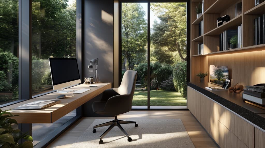 Modern garden suite home office with large windows overlooking a landscaped backyard in Toronto