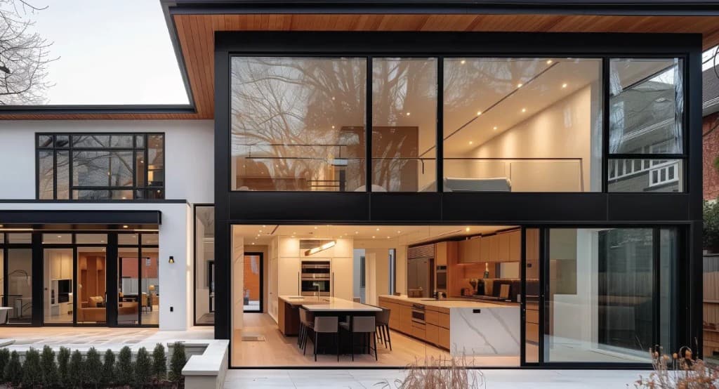 Modern home addition with glass facade and open interior in Toronto