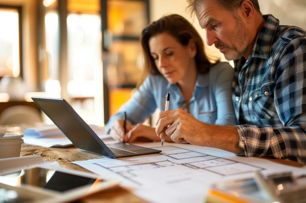 Homeowners reviewing home addition plans and renovation budget at a kitchen table in Toronto