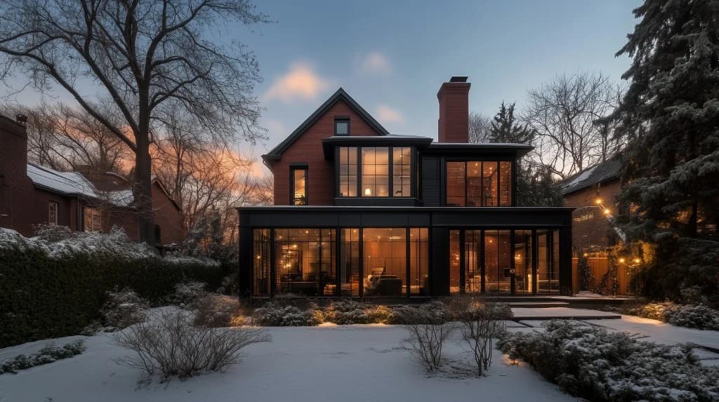 Custom second and third floor home addition with large windows and modern rear elevation in Toronto winter