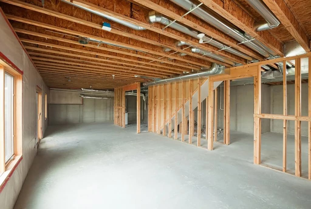 Basement interior wall framing, exposed joists, and HVAC ductwork during renovation in Lawrence Park, Toronto