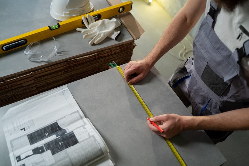 Worker measuring tile for basement design and waterproofing in Toronto