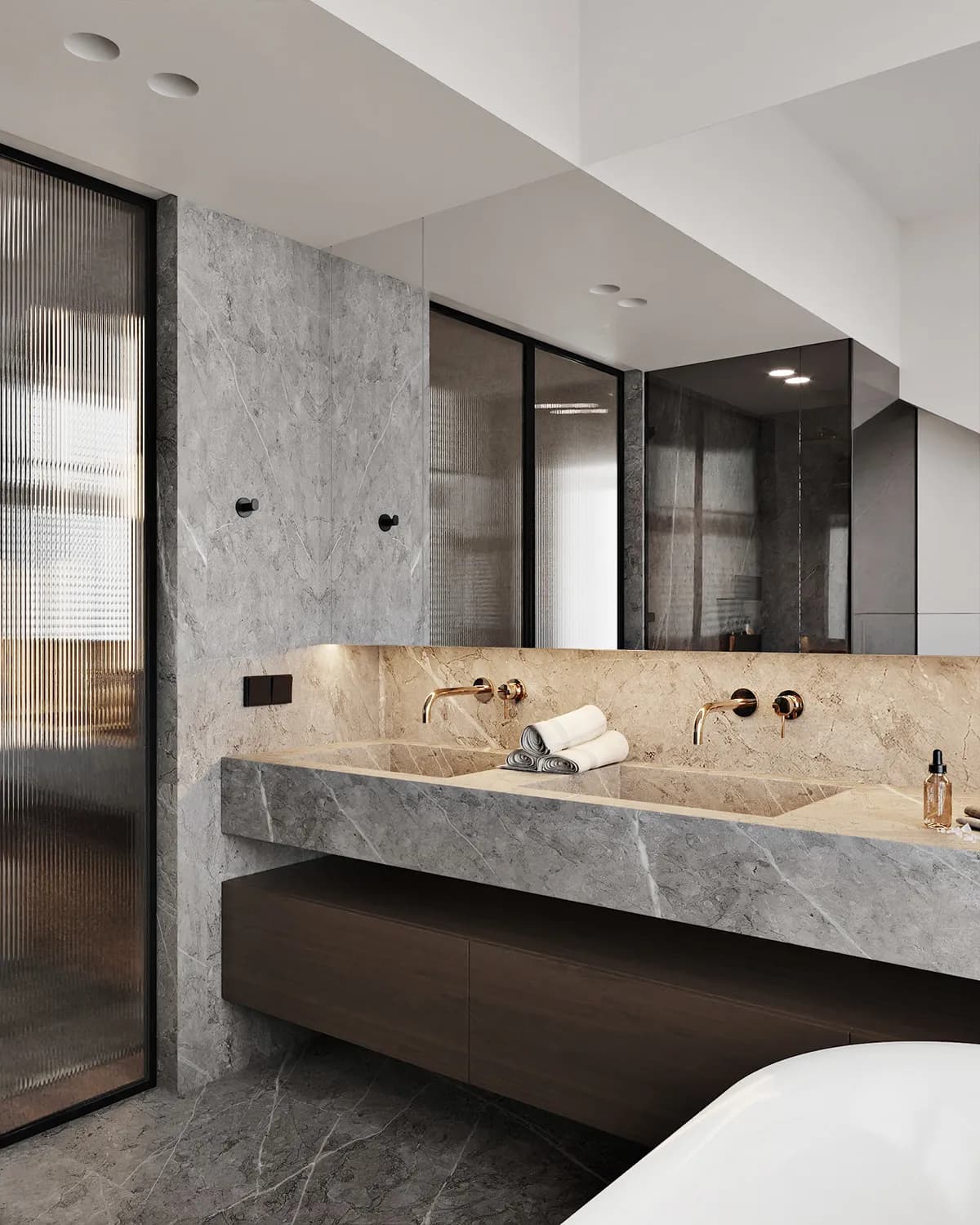 Modern bathroom renovation with double vanity in Toronto