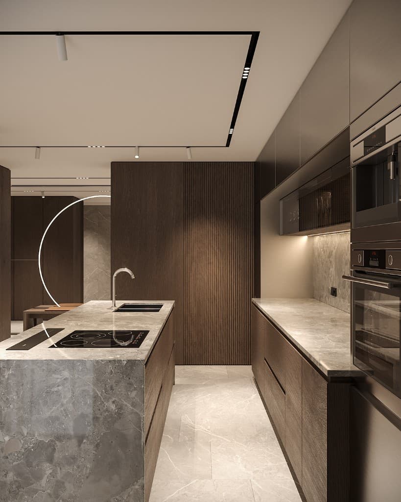 Modern condo kitchen renovation with marble waterfall island, integrated cooktop, and wood cabinetry in Toronto