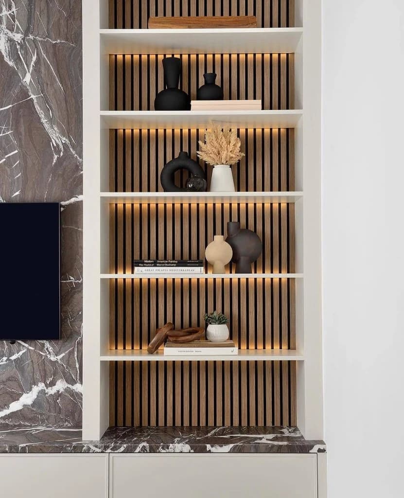 Built-in shelving with LED lighting in a Leaside, Toronto kitchen renovation