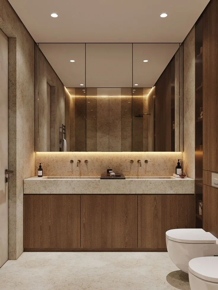Floating marble vanity bathroom renovation in North Toronto, Toronto
