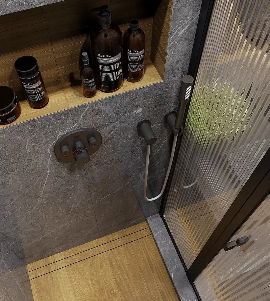 Condo walk-in shower with matte black fixtures and grey stone tile in Midtown, Toronto