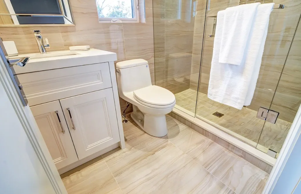 Same-layout bathroom remodel with white vanity and walk-in shower in Rosedale, Toronto