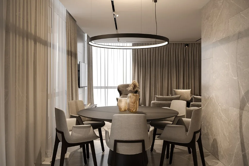 Dining area with circular pendant light, stone feature wall, and floor-to-ceiling drapery in Forest Hill, Toronto