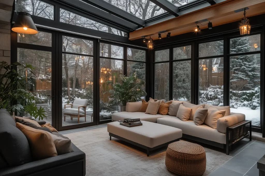 Four-season sunroom addition with glass ceiling and seating overlooking snow in The Annex, Toronto