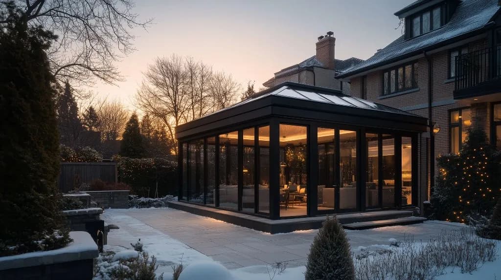 Glass sunroom addition with black framing and warm interior light on a snowy evening in Lawrence Park, Toronto