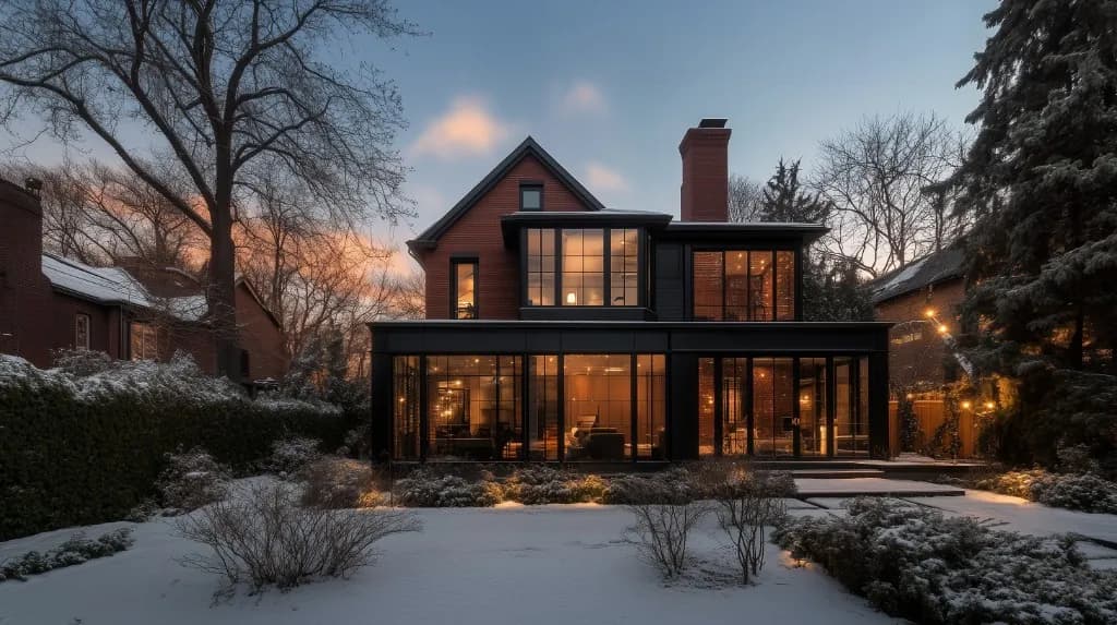 Two-storey glass home addition on a red brick house with snow-covered garden in Rosedale, Toronto