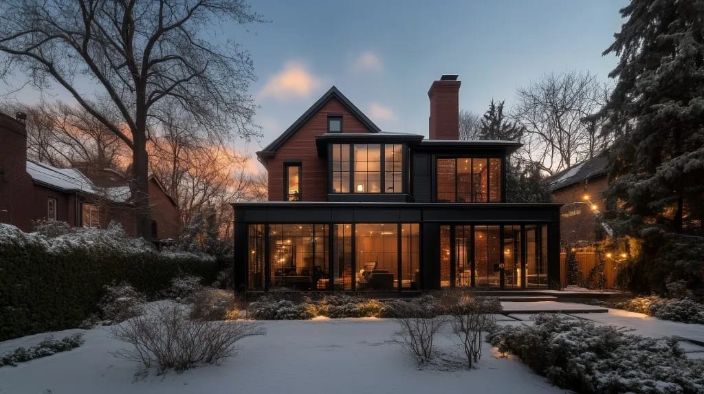 Two-storey glass home addition on a red brick house with snow-covered garden in Rosedale, Toronto
