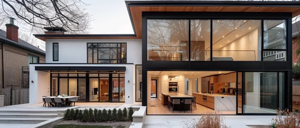 Two-storey home addition with floor-to-ceiling glass, white stucco, and rear stone patio in Moore Park, Toronto