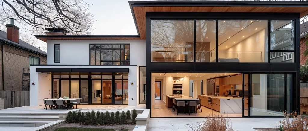 Second floor home addition with floor-to-ceiling glass, white stucco, and rear stone patio in Moore Park, Toronto
