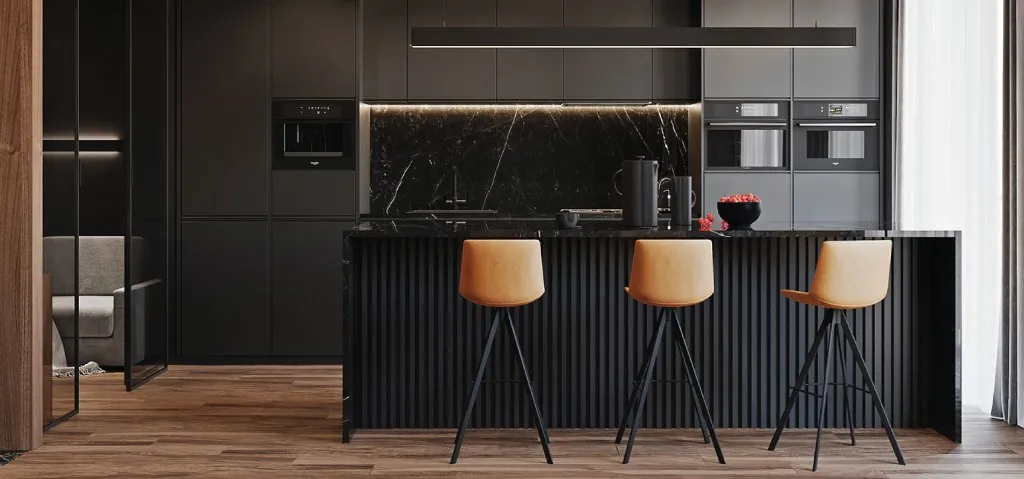 Kitchen renovation with matte black cabinets and marble island in Lawrence Park, Toronto