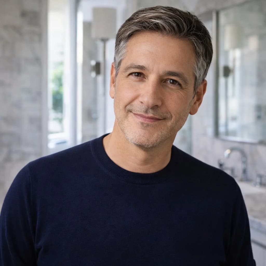 J. D. in renovated bathroom in Rosedale, Toronto