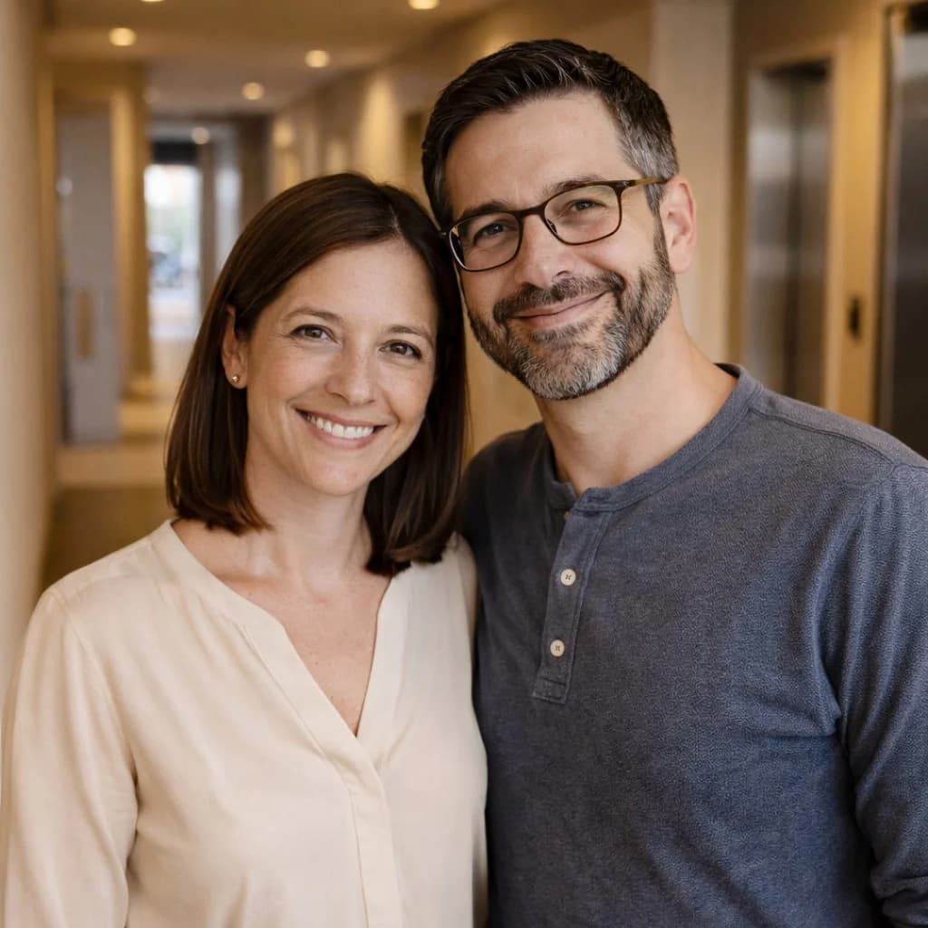 Jennifer and Paul T. in their King West condo building during renovation coordination, Toronto