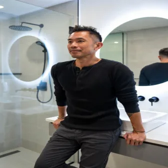 Robert L. in his renovated condo ensuite in Liberty Village, Toronto