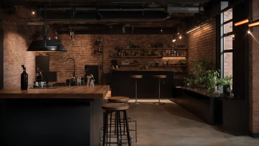 A Stylish And Modern Basement Renovation With Exposed Brick Walls, Industrial Lighting, And A Sleek Black Bar Counter.