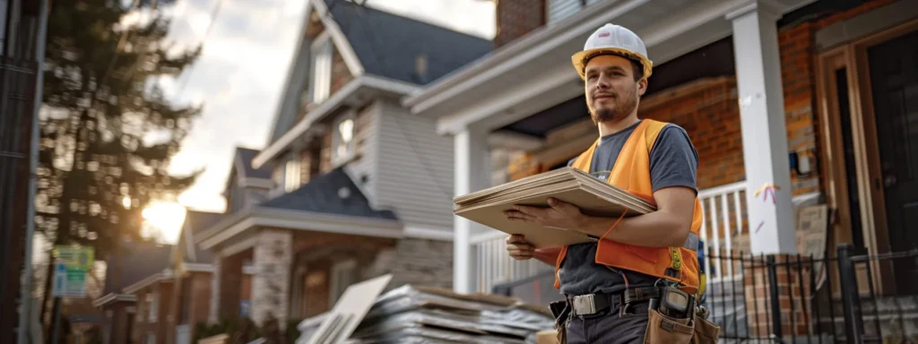 A Construction Worker Holding A Stack Of Approved Toronto Home Addition Permits With A Backdrop Of A Newly Built Home Extension.
